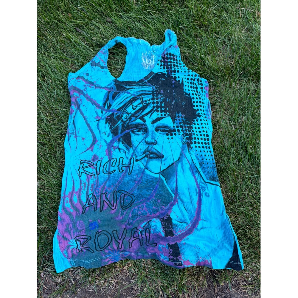 Rich and Royal Turquoise Graphic Racerback Tank Top Blue Portrait Rhinestone L